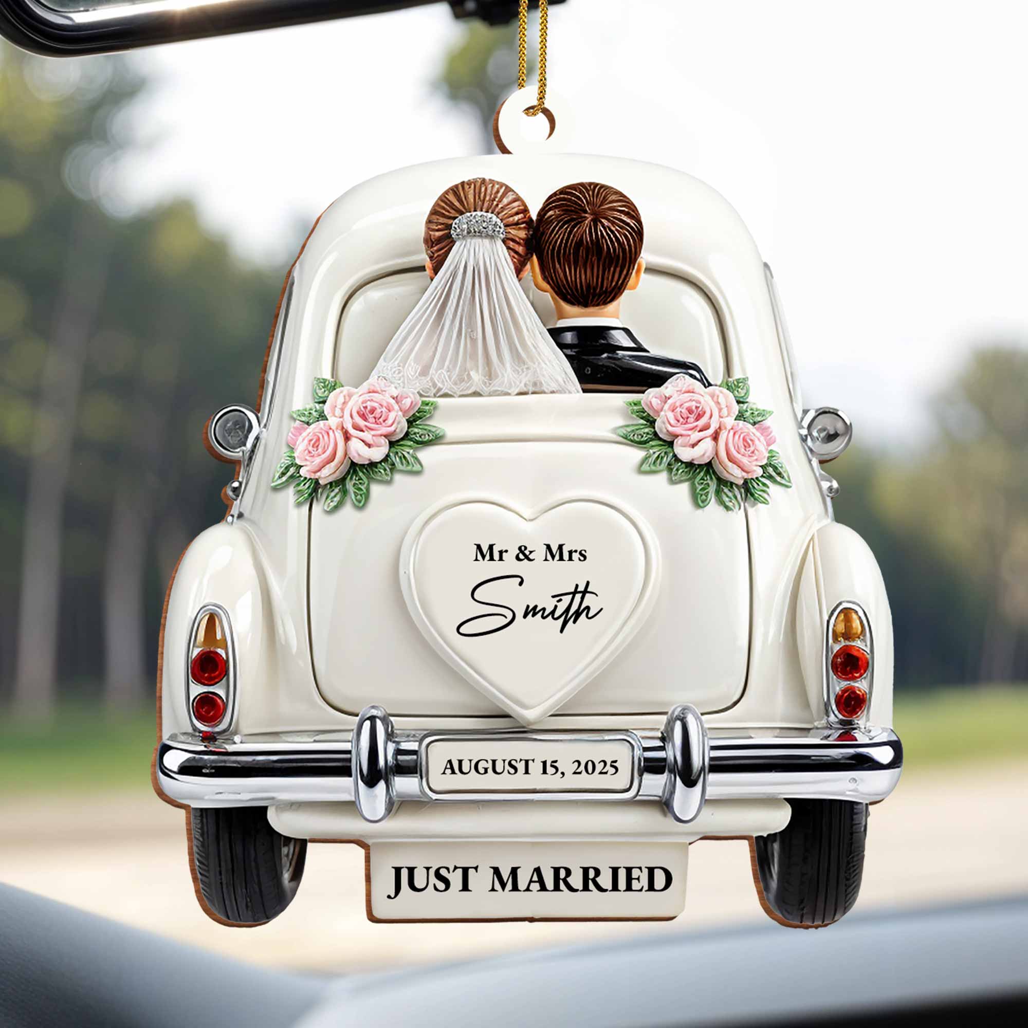 Just Married Celebration With Classic Wedding Car - Personalized Custom Wood Ornament, Custom Shaped - CPL114_WDO