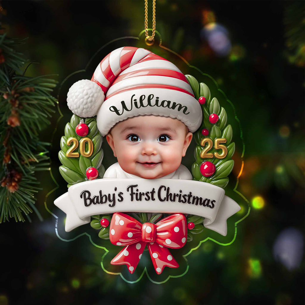 Baby's First Christmas, Baby and Christmas Wreath - Personalized Custom Acrylic Ornament, Christmas Gift - KID152_ACO