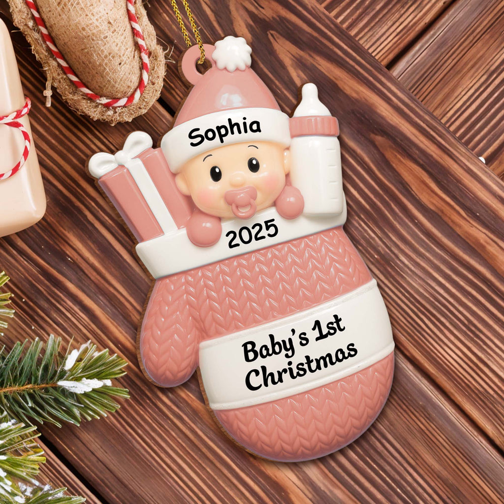 Baby's 1st Christmas, Baby With Gifts And Milk Bottle - Personalized Custom Wood Ornament, Custom Shaped - KID159_WDO