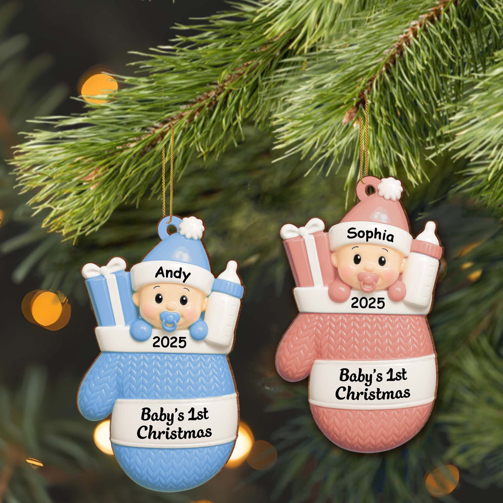 Baby's 1st Christmas, Baby With Gifts And Milk Bottle - Personalized Custom Wood Ornament, Custom Shaped - KID159_WDO