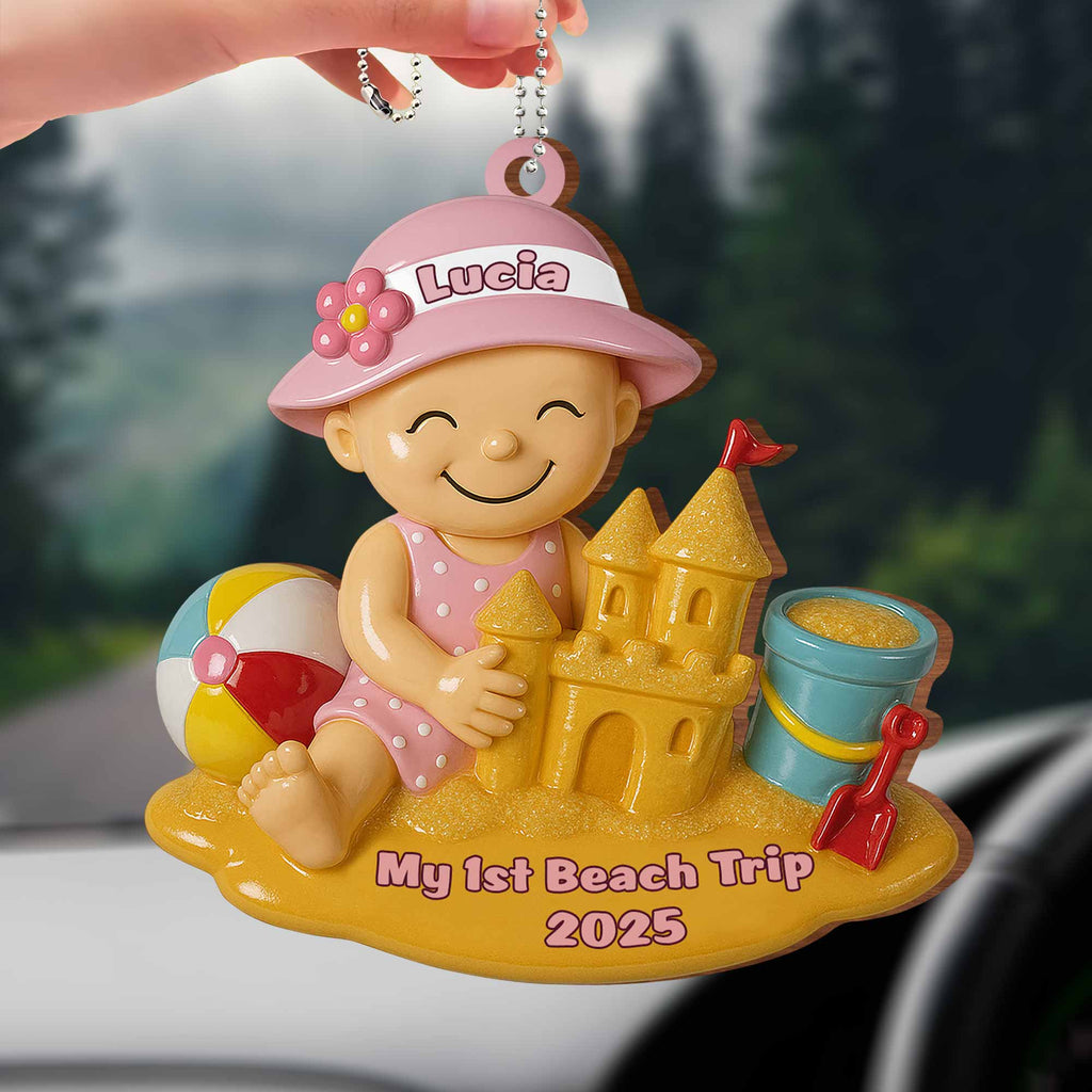 My 1st Beach Trip, Beach Ball and Sand Castle - Personalized Custom Wood Ornament, Car Hanging Ornament - KID178_WCA