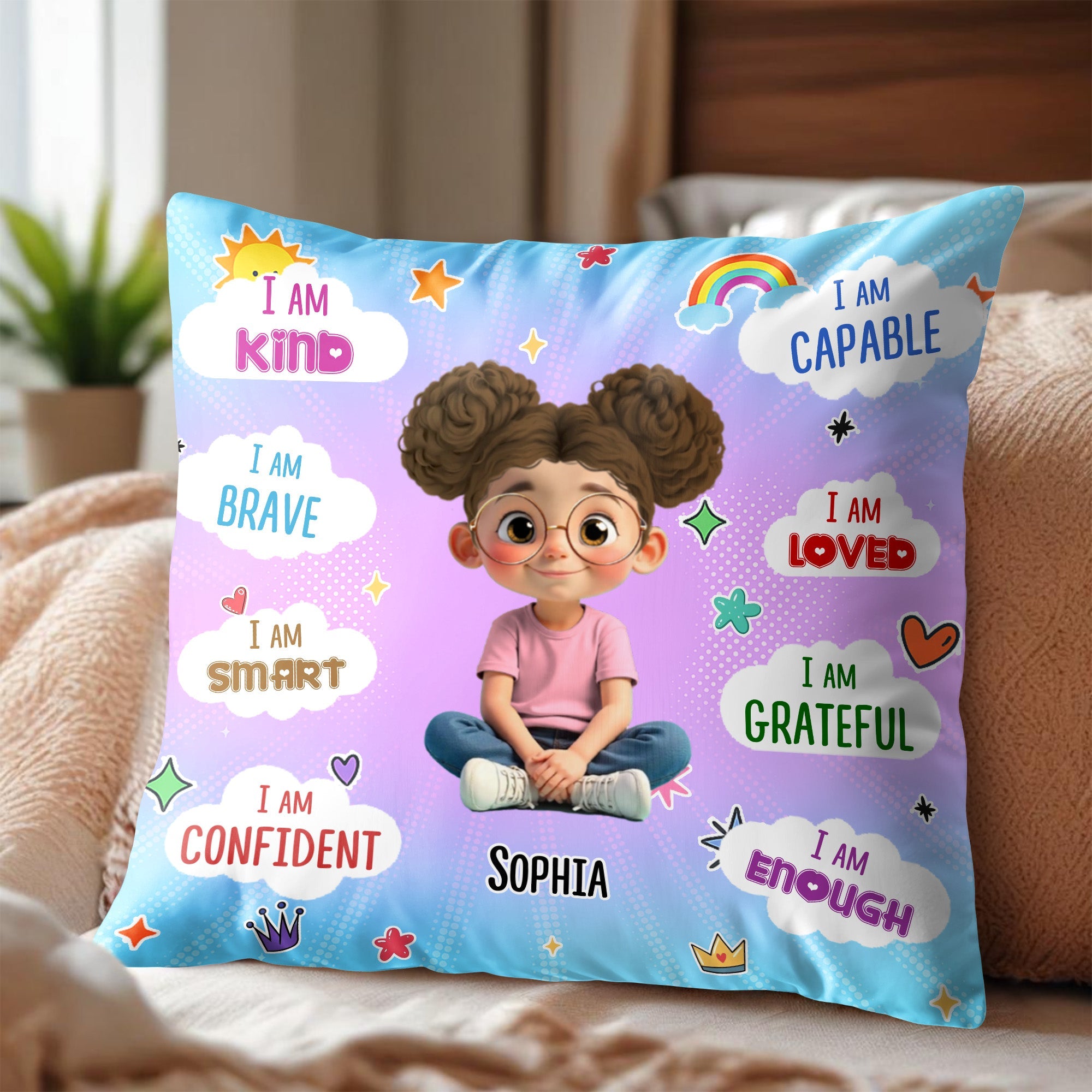 I Am Kind, Brave, and Smart, Positive Affirmations Pillow - Personalized Custom Pillow, Insert Included - KID384_PLW