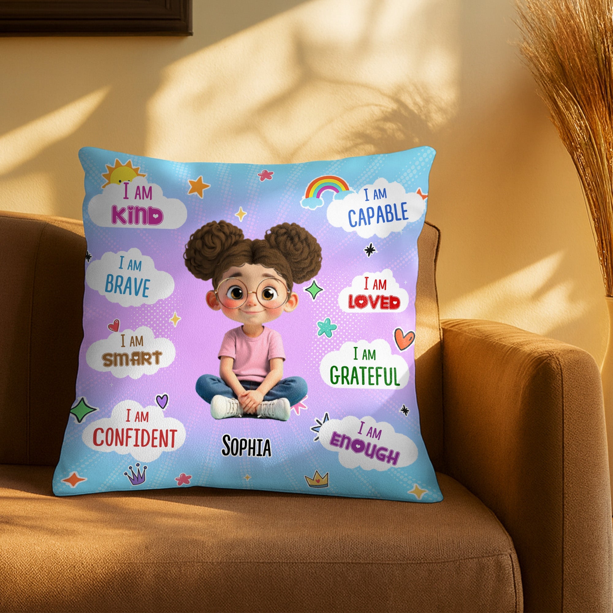I Am Kind, Brave, and Smart, Positive Affirmations Pillow - Personalized Custom Pillow, Insert Included - KID384_PLW