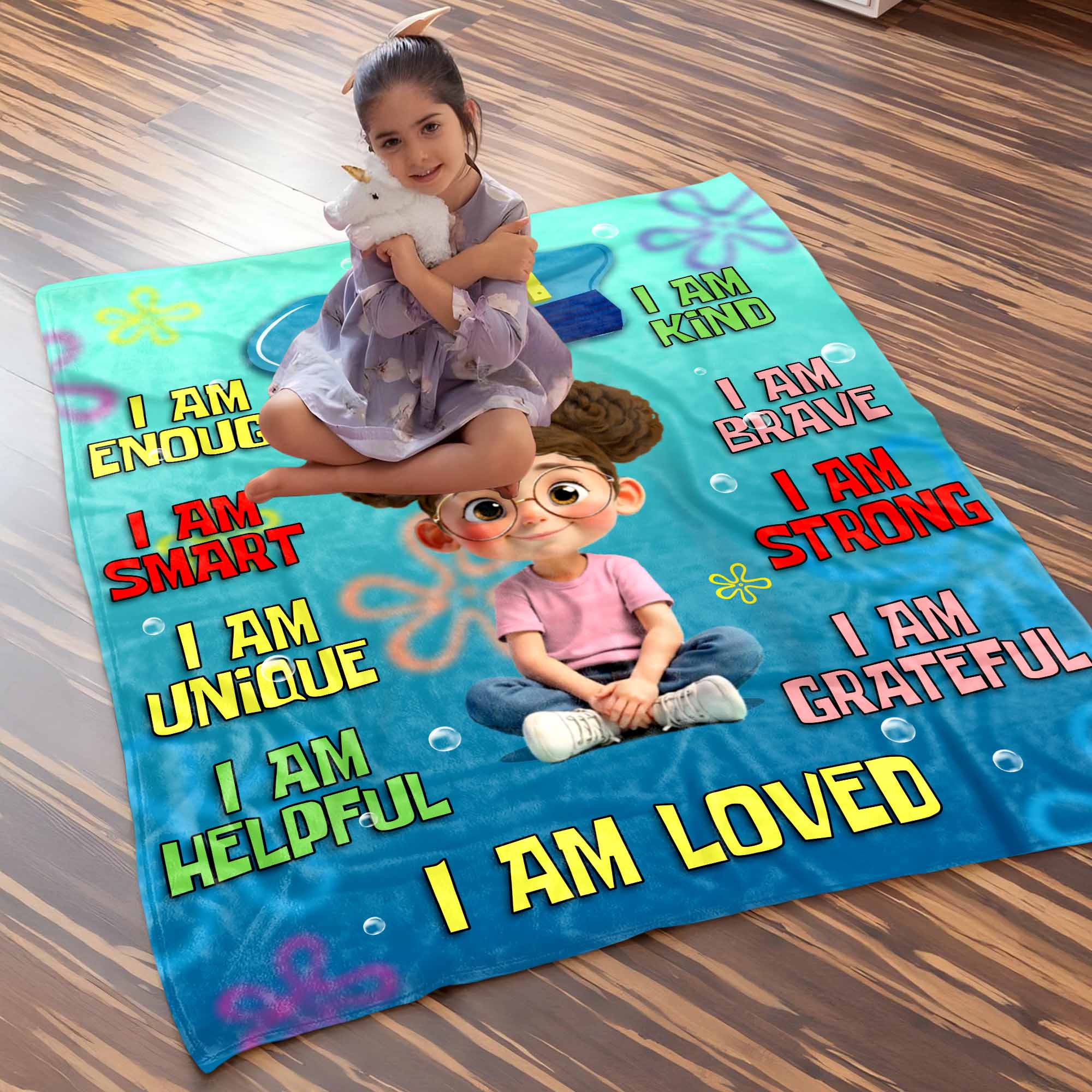 I Am Enough, I Am Smart, I Am Unique, Positive Affirmations - Personalized Custom Blanket - KID406_BLK