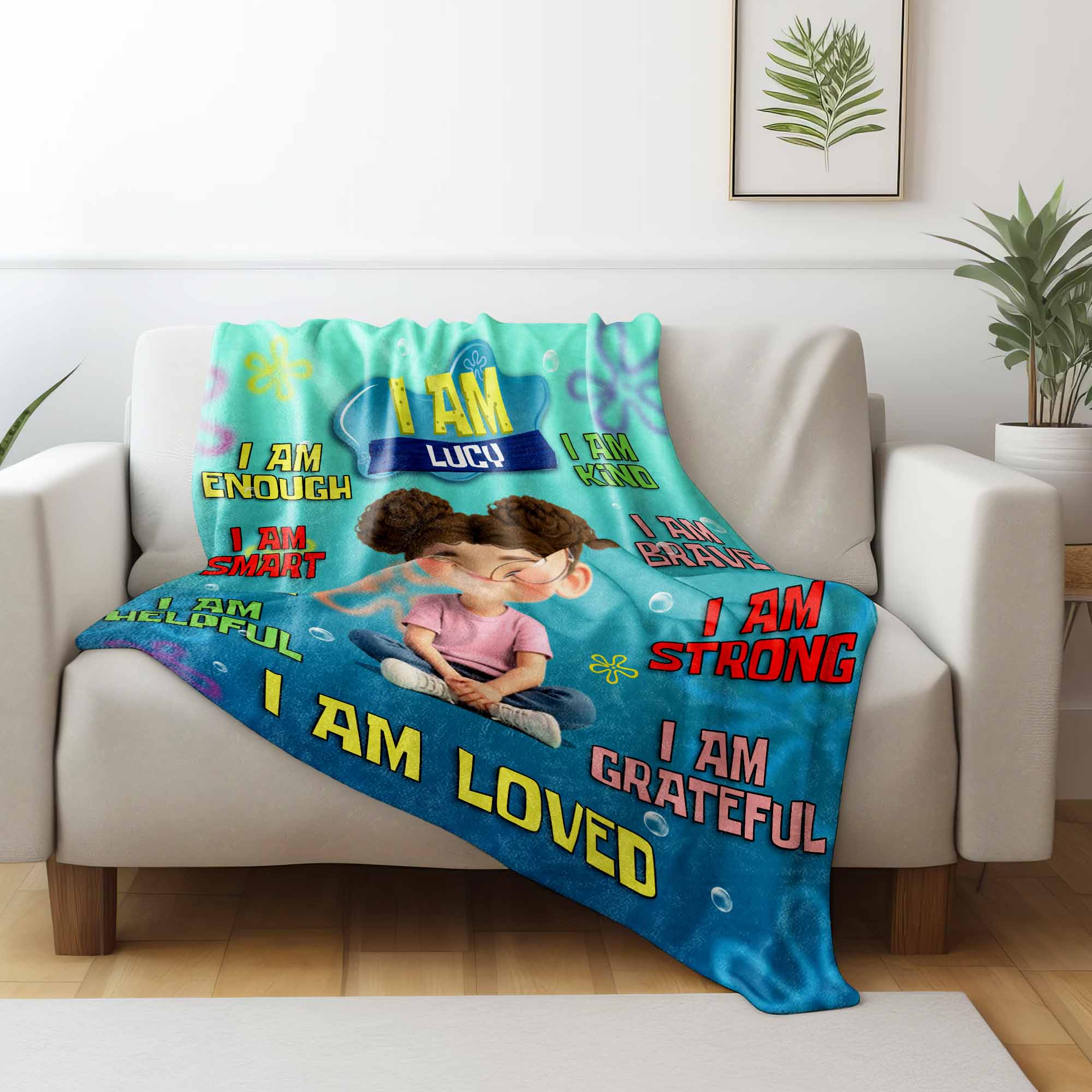 I Am Enough, I Am Smart, I Am Unique, Positive Affirmations - Personalized Custom Blanket - KID406_BLK