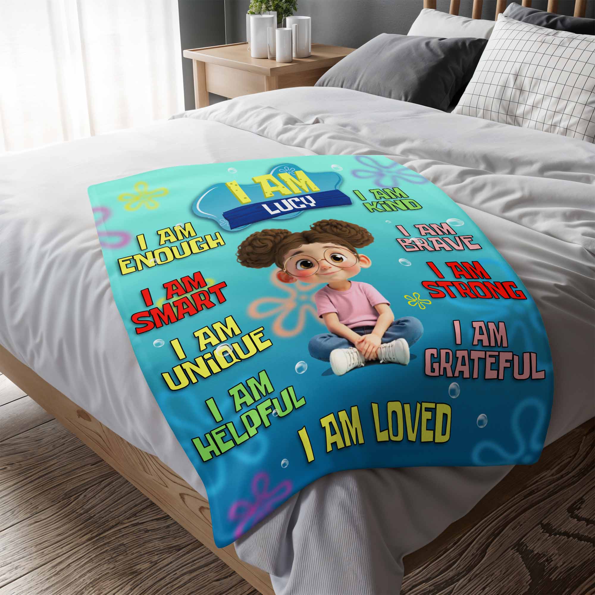 I Am Enough, I Am Smart, I Am Unique, Positive Affirmations - Personalized Custom Blanket - KID406_BLK