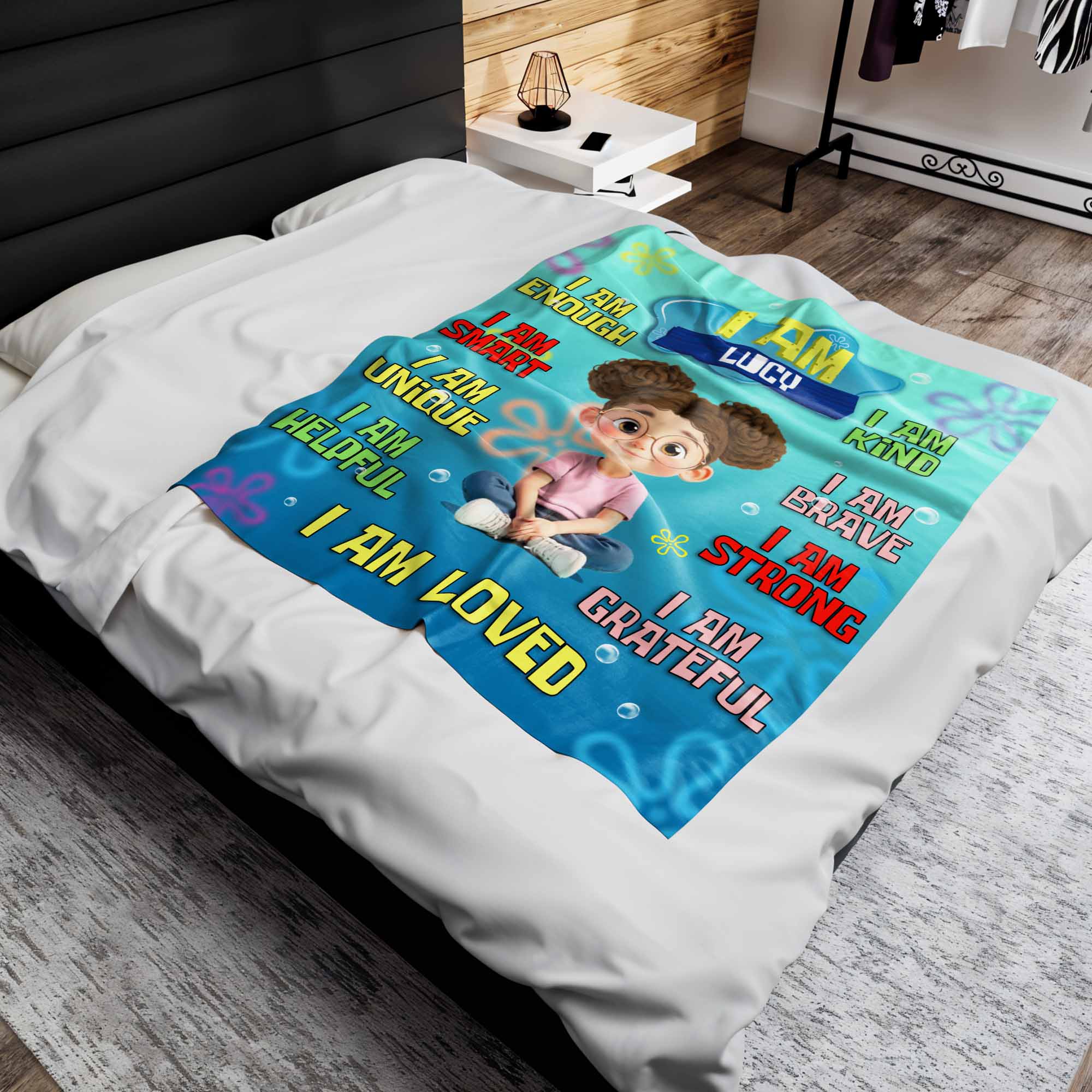 I Am Enough, I Am Smart, I Am Unique, Positive Affirmations - Personalized Custom Blanket - KID406_BLK